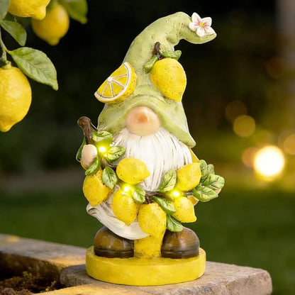 basen Solar Powered Garden Gnome Decor with Lemon Theme, Waterproof Outdoor Lawn Ornaments with Auto On/Off Light, Resin Figurine for Patio, Yard, Pathway, Porch Landscape Lighting Decorations