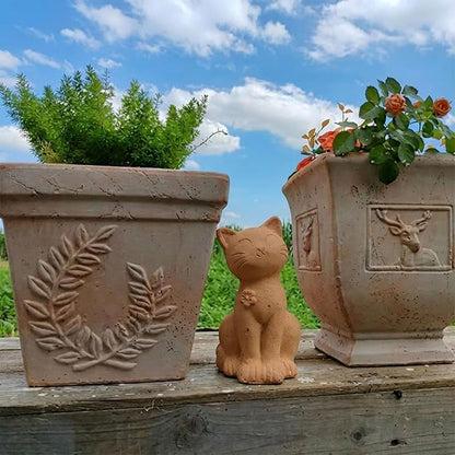 Handmade Terracotta Cat Garden Statue, Rustic Clay Cat Figurine for Outdoor Patio Balcony Yard Decor, Small Cat Sculpture Lawn Ornament Natural Garden Accent 8.3"×4.3"×3.3"