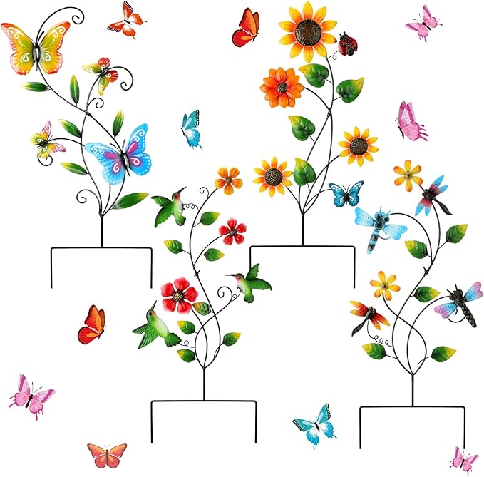 Menkxi 4 Pcs Butterfly Metal Garden Stakes Hummingbird Sunflower Dragonfly Flowers Garden Stake Decor Metal Wall Decor Trellis for Climbing Plants Outdoor Spring Art Housewarming Gift, 4 Styles