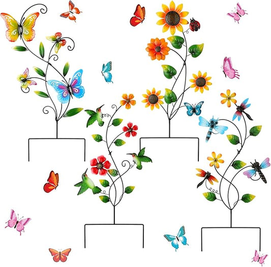Menkxi 4 Pcs Butterfly Metal Garden Stakes Hummingbird Sunflower Dragonfly Flowers Garden Stake Decor Metal Wall Decor Trellis for Climbing Plants Outdoor Spring Art Housewarming Gift, 4 Styles