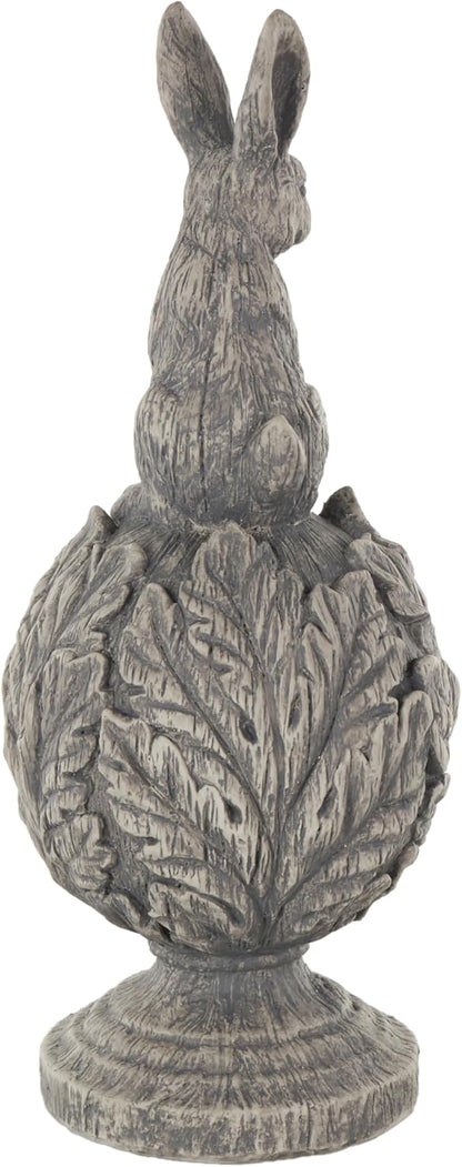 Deco 79 Polystone Rabbit Textured Sculpture with Leaf Covered Round Base, 8" x 8" x 20", Gray