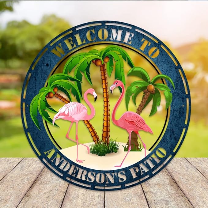 MeMate Flamingo Patio Sign Outdoor Decor, Personalized Metal Sign for Backyard, Custom Name Signs for Garden Porch, Deck, Large Metal Sign for Outside, Housewarming Gifts for Family Friends