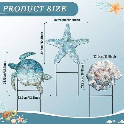 Moxweyeni 3 Pcs Metal Beach Outdoor Decoration 25 Inch Summer Ocean Theme Yard Sign Turtle Starfish Conch Coastal Outdoor Stakes for Garden Pool Lawn Holiday Party Take Photos