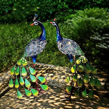 Kircust Solar Metal Peacock Statues - Set of 2 Weatherproof Outdoor Decor with Solar Lights for Garden, Yard, or Patio - Elegant Peacock Gifts