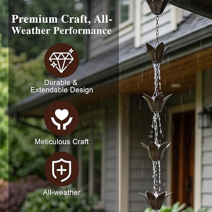 DUSVALLY Rain Chains Metal Flower Decorative Catcher Chain for Gutters Outside Downspout, 7.88 FT Rain Chain Bell for Divert Water, Antique Silver