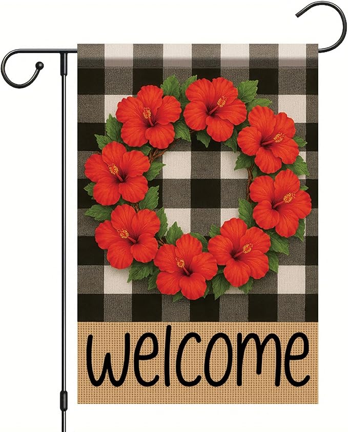 Buffalo Plaid Welcome Wreath Garden Flag Red Hibiscus Flower Red Floral Flag 12x18 Double Sided Tropical Floral Yard Decor for Spring Summer Outdoor Porch Patio Lawn Farmhouse