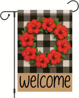 Buffalo Plaid Welcome Wreath Garden Flag Red Hibiscus Flower Red Floral Flag 12x18 Double Sided Tropical Floral Yard Decor for Spring Summer Outdoor Porch Patio Lawn Farmhouse