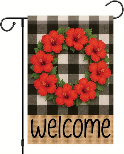 Buffalo Plaid Welcome Wreath Garden Flag Red Hibiscus Flower Red Floral Flag 12x18 Double Sided Tropical Floral Yard Decor for Spring Summer Outdoor Porch Patio Lawn Farmhouse