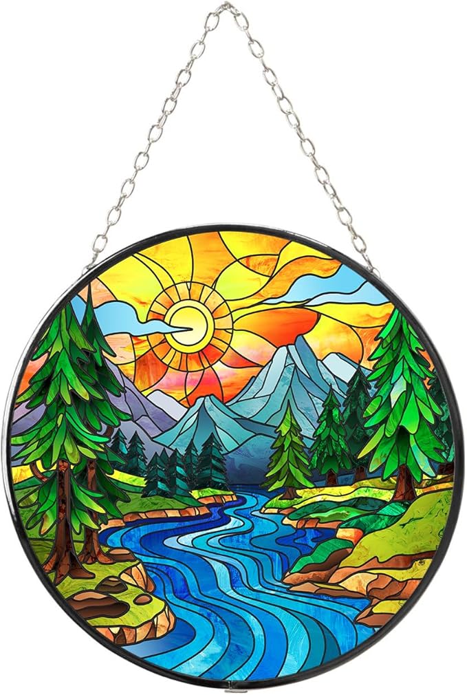 WIRESTER Stained Glass Suncatcher 6 Inch, Glass Panel with Metal Chain, Sun Catcher Window Hanging Ornament for Indoor Outdoor Wall Art Home Decoration - Beautiful Scenery