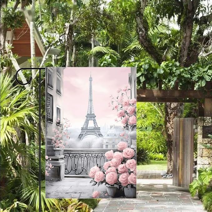 Gkyygk Eiffel Tower Pink Roses Paris Welcome Garden Flag 12x18 Inch Banners Vertical Double Sided Small Yard Flag Burlap Farmhouse Outdoor Lawn Patio Decor