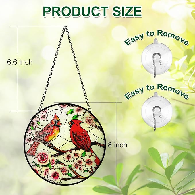 Remiawy Cardinal Stained Glass Window Hanging, 8 Inch Sun Catcher Glass Panel with Metal Chain and Hooks Suncatcher Indoor Window Wall Art Home Decor Gift for Bird Lovers Women Mother's Day Christmas