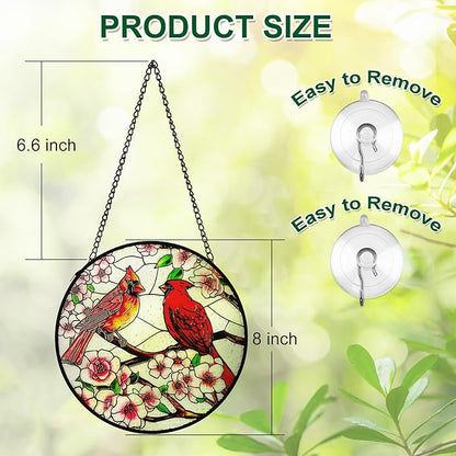 Remiawy Cardinal Stained Glass Window Hanging, 8 Inch Sun Catcher Glass Panel with Metal Chain and Hooks Suncatcher Indoor Window Wall Art Home Decor Gift for Bird Lovers Women Mother's Day Christmas
