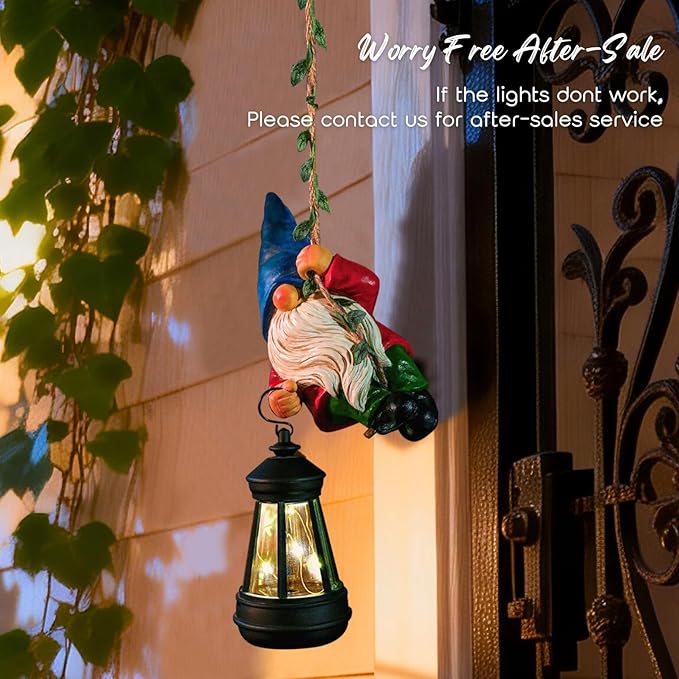 Solar Hanging Gnome Garden Statues Climbing Rope Gnome with LED Lantern Spring Outdoor Decor Tree Hugger Yard Porch Wall Fence Decoration Mother's Day Birthday Gifts for Mom Women