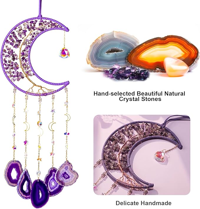 Amethyst Wind Chimes with Bracelet, 26” Amethyst Crystal Suncatcher, Heartfelt Wind Chime for Mom, Mother Birthday Gifts, Mom Gifts