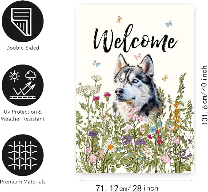 Floral Husky Terrier Garden Flag Spring Summer House Flags 28 x 40 Double Sided Flower Dog Yard Flags for Outside Large Outdoor Welcome Flags