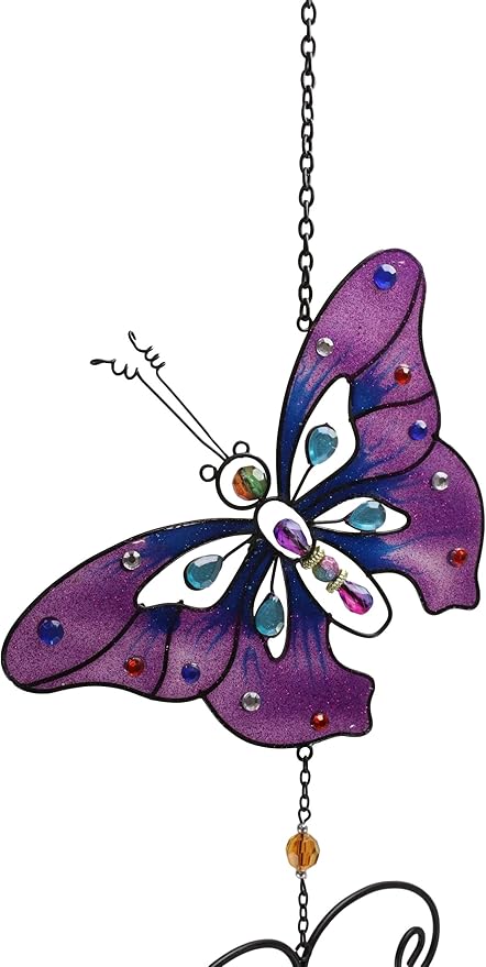 Ebros Gift Colorful Stained Glass Flitting Purple Mariposa Butterfly with Gems and Copper Metal Wind Chime 34.75" Long Resonant Noisemaker Mobile Outdoor Patio Garden Decor Accessory