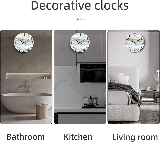 CHYLIN Wall Clock 14 Inch Bathroom Clock, Rustic Wall Clocks Battery Operated, Silent Non Ticking Wooden Coastal Beach Clock for Kitchen, Living Room, Bedroom, Office (White)