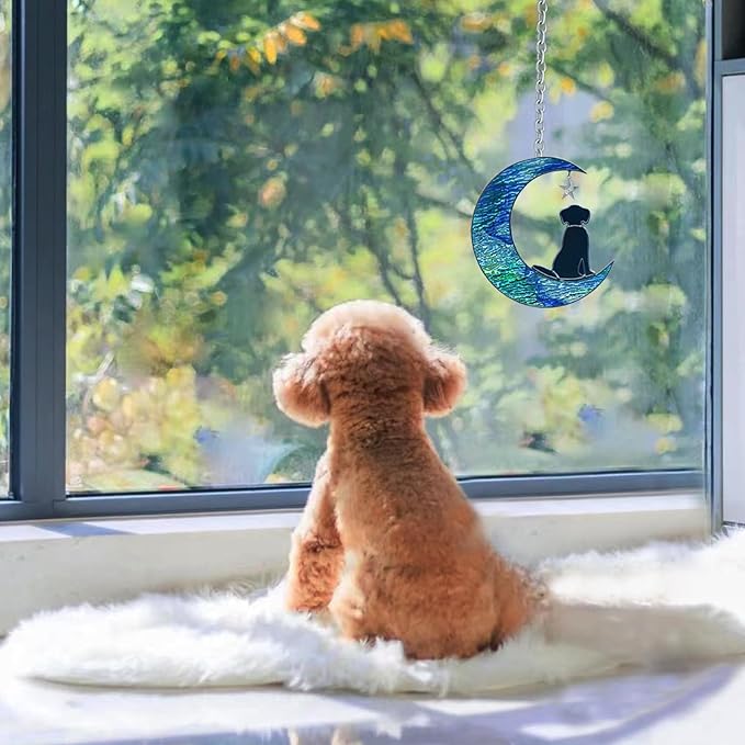 Dog Decor Stained Glass Moon Suncatchers Window Hanging, Wall Art Element Earth Tones Modern Design Home Garden Suncatcher, Dog Lovers for Halloween Decor