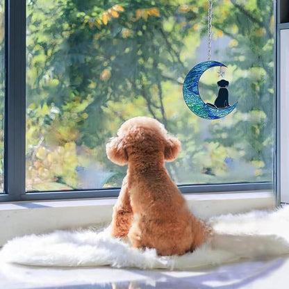 Dog Decor Stained Glass Moon Suncatchers Window Hanging, Wall Art Element Earth Tones Modern Design Home Garden Suncatcher, Dog Lovers for Halloween Decor