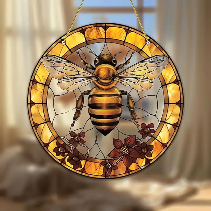 7.9inch Bee Suncatcher for Window Hanging,Floral Acrylic Suncatcher with Chain Window Decor for Home,Indoor, Garden, Housewarming Round Ornament, Gift for Women Friend