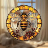 7.9inch Bee Suncatcher for Window Hanging,Floral Acrylic Suncatcher with Chain Window Decor for Home,Indoor, Garden, Housewarming Round Ornament, Gift for Women Friend