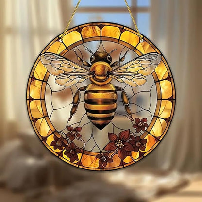 7.9inch Bee Suncatcher for Window Hanging,Floral Acrylic Suncatcher with Chain Window Decor for Home,Indoor, Garden, Housewarming Round Ornament, Gift for Women Friend