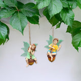 2PCS Hanging Fairies Garden Statue Decoration Boy & Girl Figurines Sitting on an Acorn with Luminous Wings Resin Micro Landscape Ornaments for Outdoor Farmhouse Patio Yard Tree Decor (D)