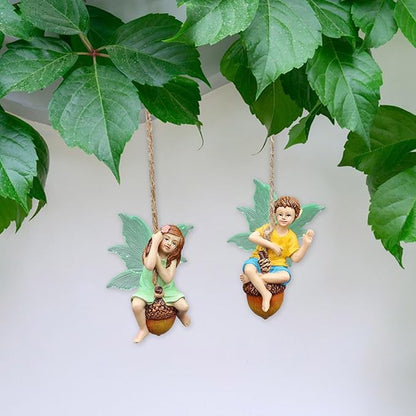 2PCS Hanging Fairies Garden Statue Decoration Boy & Girl Figurines Sitting on an Acorn with Luminous Wings Resin Micro Landscape Ornaments for Outdoor Farmhouse Patio Yard Tree Decor (D)