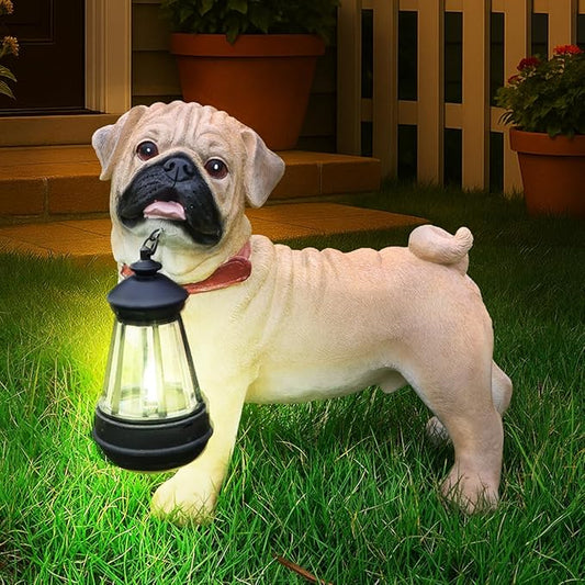 Pug Dog Garden Statue with Solar Lantern & Welcome Sign, 11" Cute Resin Animal Figurine Outdoor Decor, Weatherproof Pet Sculpture for Patio Yard Porch Lawn, Dog Lover Gifts (4.2 LBS)
