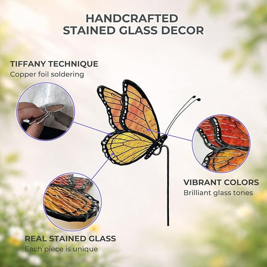 Monarch Butterfly Stained Glass Plant Pot Suncatcher - Handmade Real Glass Flower Pot Ornament for Planters - Indoor Outdoor Garden Décor - Gift for Women, Mom & Butterfly Lovers