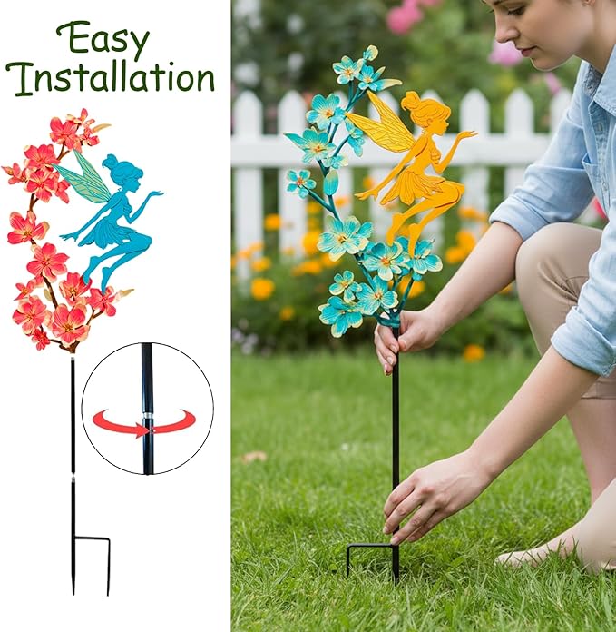 2 Pack Colorful Metal Fairy Garden Stakes - Fairy Sitting on Blooming Flower Outdoor Yard Decorations, Rustproof Garden Ornaments for Lawn, Patio & Flower Beds(Fairys1)