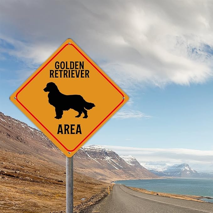 Warning Golden Retriever Area Metal Tin Sign Golden Retriever Dog Caution Crossing Xing Street Sign Yellow Diamond Shape Funny Metal Sign For Indoor Outdoor 12x12in