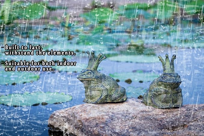 Cast Iron Frog Garden Statue Decor, Frog Pond Sitter Figurine, Frog Sculpture 6.3inches with Crown for Patio, Frog Garden Accent, Cute Outside Ornament, Heavy Duty Weights 4.4lbs