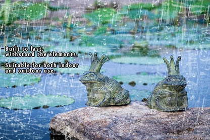 Cast Iron Frog Garden Statue Decor, Frog Pond Sitter Figurine, Frog Sculpture 6.3inches with Crown for Patio, Frog Garden Accent, Cute Outside Ornament, Heavy Duty Weights 4.4lbs