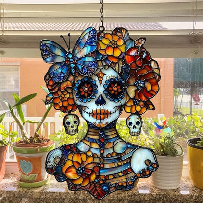 Floral Skeleton Acrylic Suncatcher Stained Glass Effect Window Car Hanging Christmas Ornament Indoor Outdoor Decor Garden Sun Catcher Panel for Sugar Skull Lover for Women Mom Grandma