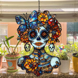 Floral Skeleton Acrylic Suncatcher Stained Glass Effect Window Car Hanging Christmas Ornament Indoor Outdoor Decor Garden Sun Catcher Panel for Sugar Skull Lover for Women Mom Grandma