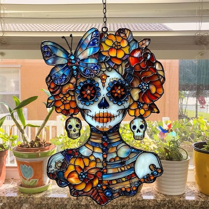 Floral Skeleton Acrylic Suncatcher Stained Glass Effect Window Car Hanging Christmas Ornament Indoor Outdoor Decor Garden Sun Catcher Panel for Sugar Skull Lover for Women Mom Grandma