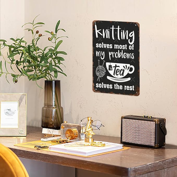 Vintage Tin Wall Decor Sign Knitg Solves Most Of My Problems Tea Solves The Rest for Home,Garden,Patio,Office,Classroom,Kitchen & More! 8x12 Inches,Retro Metal Art with Funny Quotes
