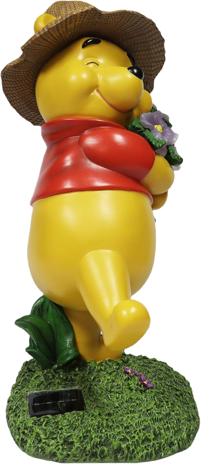 MOMENTS IN TIME Disney Winnie The Pooh Garden Statue Solar Lighted Outdoor 18.9” Figurine Hand-Painted Polyresin Pooh Bear with Flowers Whimsical Yard Lawn Patio Décor