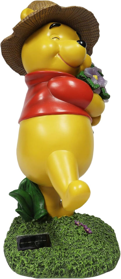 MOMENTS IN TIME Disney Winnie The Pooh Garden Statue Solar Lighted Outdoor 18.9” Figurine Hand-Painted Polyresin Pooh Bear with Flowers Whimsical Yard Lawn Patio Décor