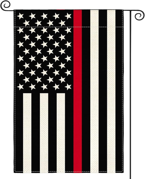 AVOIN colorlife Thin Red Line Firefighters and Fire Services Garden Flag 12x18 Inch Double Sided Outside, American Stars and Stripes Patriotic Yard Outdoor Decoration