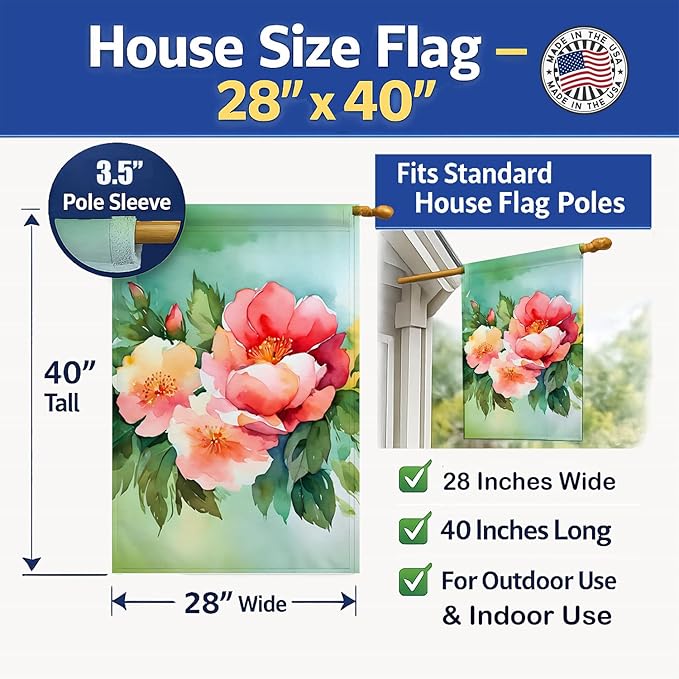 Caroline's Treasures Georgia Cherokee Rose in Watercolor House Flag Large Porch Sleeve Pole Decorative Outside Yard Banner Artwork Wall Hanging, Polyester, House Size, Multicolor
