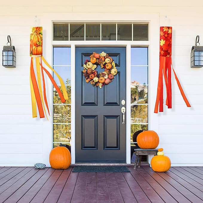 NOVWANG 2 Pieces 40 Inch Fall Windsocks，Pumpkin Maple Leaf Wind Socks for Outside Decor Hanging Flag for Home Garden Yard Wall Balcony Decoration
