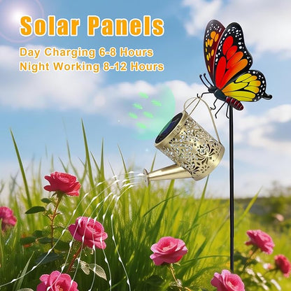 Solar Lights Garden Decor, Waterproof Solar Watering Can with Butterfly Garden Stakes, Outdoor Light with Cascading Lights for Yard Art Outside Patio Lawn Porch, Birthday Gift for Mom Women