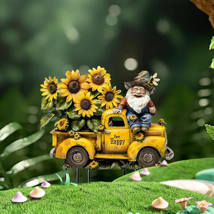 Garden Stake Decor, Acrylic 2D Flat Cute Animal Statue, Fairy Sculptures Ornament Indoor Outdoor Yard Lawn Pot Plant Decorative Accessories (A Truck Filled with Sunflowers)