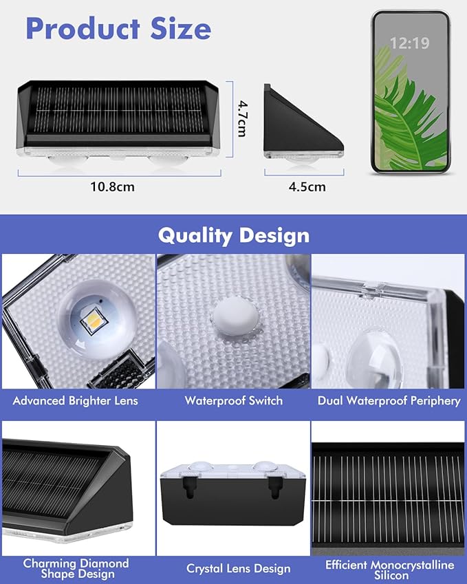 Solar Fence Lights Outdoor 8 Pack, IP65 Waterproof Fence Lights Solar Powered, 3 Modes(Warm/Neutral/Cool White) Solar Deck Light with Auto ON/Off, LED Lens for Deck/Wall/Step/Patio/Pool/Backyard