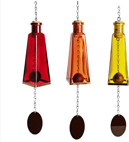 Blue Ridge Mountain Gifts Pyramid Bottle Wind Chime for Garden & Porch Decor w/Cooper Accent, Stained Wooden Ball, & Colorful Glass Bottles - Ideal for Wind Chime Lovers (Red, Orange, Yellow)