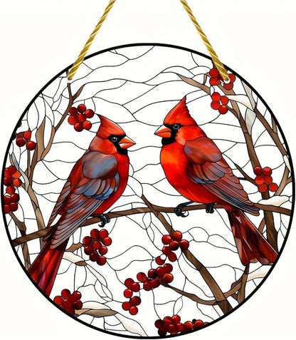 5.9'' Acrylic Window Hanging Cardinal Suncatcher Decor, Red Bird Suncatcher Panel Outdoor Wall Art Stained Panel Hangings Gift for Home Garden Ornament for Birds Lover