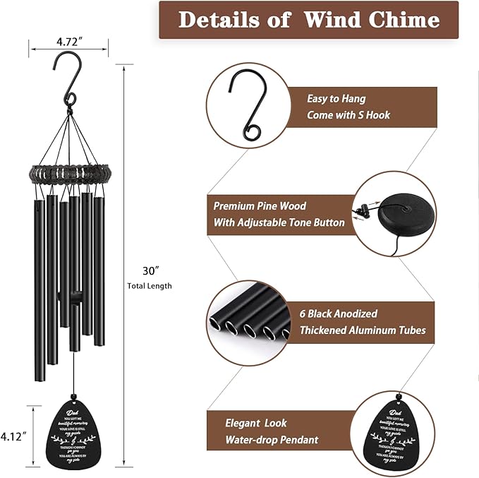 Memorial Gifts for Loss of Dad, 30" Metal Memorial Wind Chimes for Loss of Father, Windchimes In Memory of Dad, Sympathy Bereavement Gifts for Loss of Father