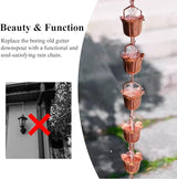 Elegant Copper Rain Chain Large Cup, Replacement Downspout for Gutters, Outside Rainwater Catcher Diverter for Villa/Deck/Pergola (Style E 1.5m (5ft))